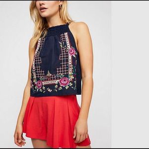 Free People Navy Blue Embroidered Apron Front Tank that Ties in Back at Neck.